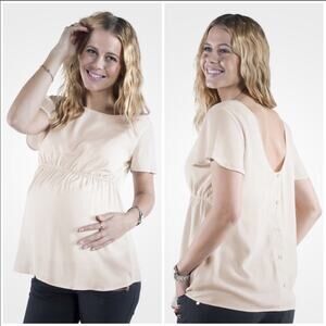 NWT Mom2Mom Maternity Top Womens M Cream Back Button Scoop Minimalist Neutral